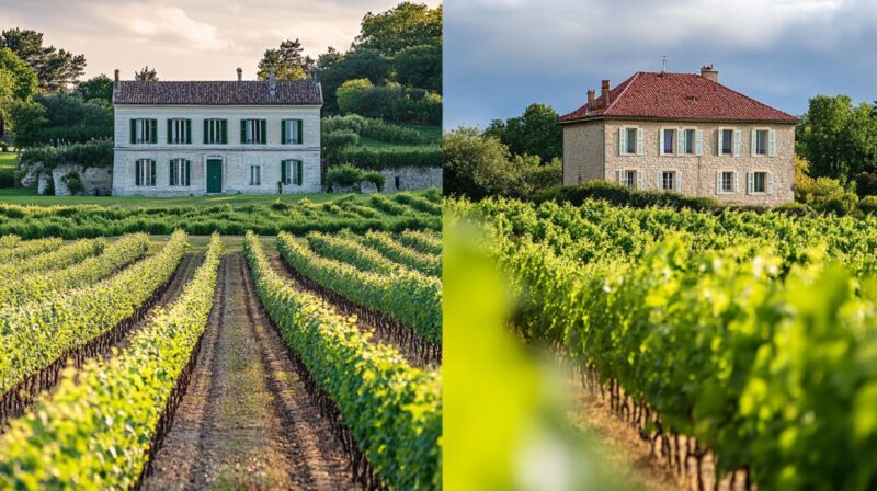 Deux maisons de vignobles entourées de rangées de vignes luxuriantes, représentant les régions viticoles de Bordeaux et de Bourgogne en France