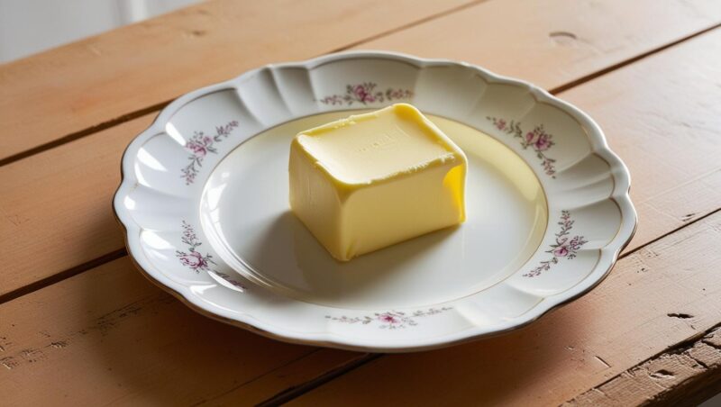 beurre français, in white retro plate, on the wooden table