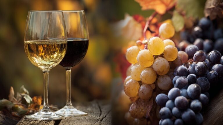 Verres de vin rouge et blanc posés sur une table en bois à côté de grappes de raisin jaune et violet